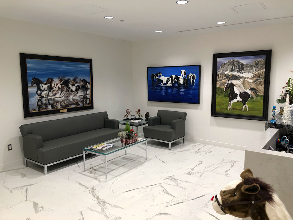 “Reflection of Determination” 40X60” oil on canvas (commission), 2018 & “Six Painted Ponies”<br>36X60” oil on canvas (commission), 2007 & “Rock Solid” 50X40” oil on canvas (commission), 2014