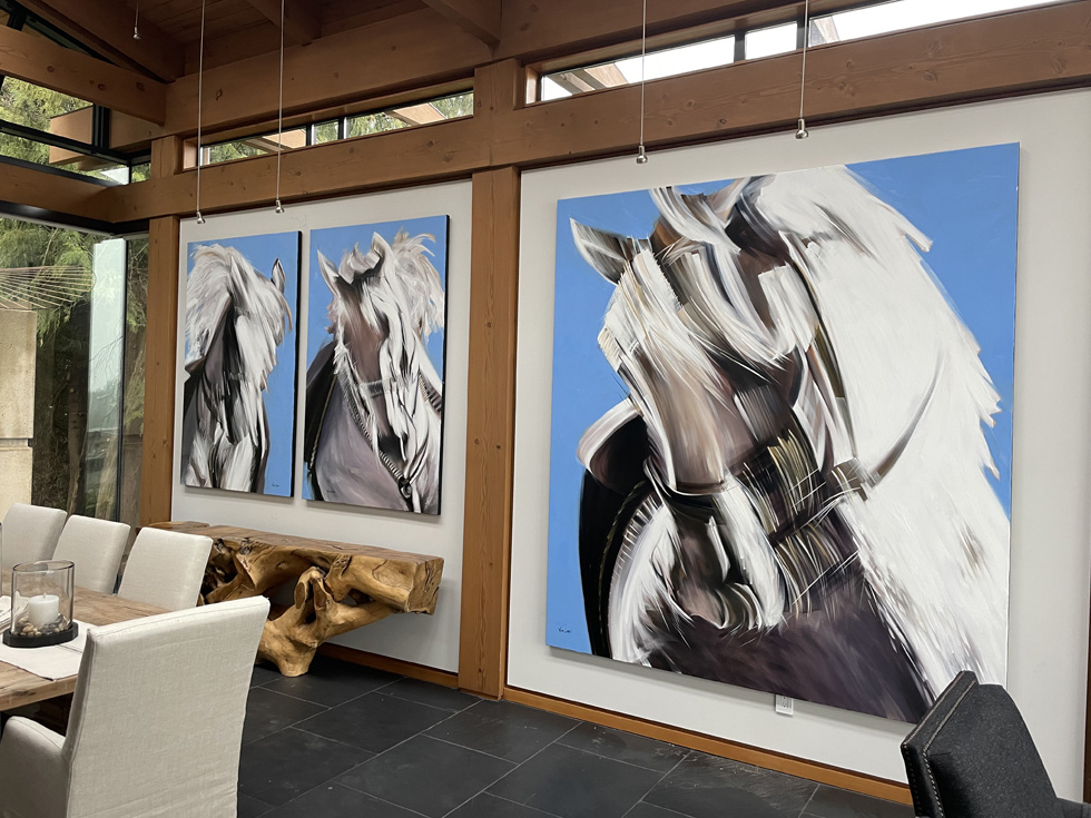 “Stallion Strength” 70X45”, “Stallion Elegance” 70X45” and “Stallion Passion” 95X85”, oil on canvas, 2022