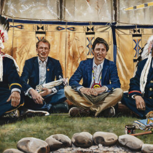 “Iinisstsiisin” (Sacred Agreement, Pipe Gifting), 40X70 oil painting by Paul Van Ginkel, 223